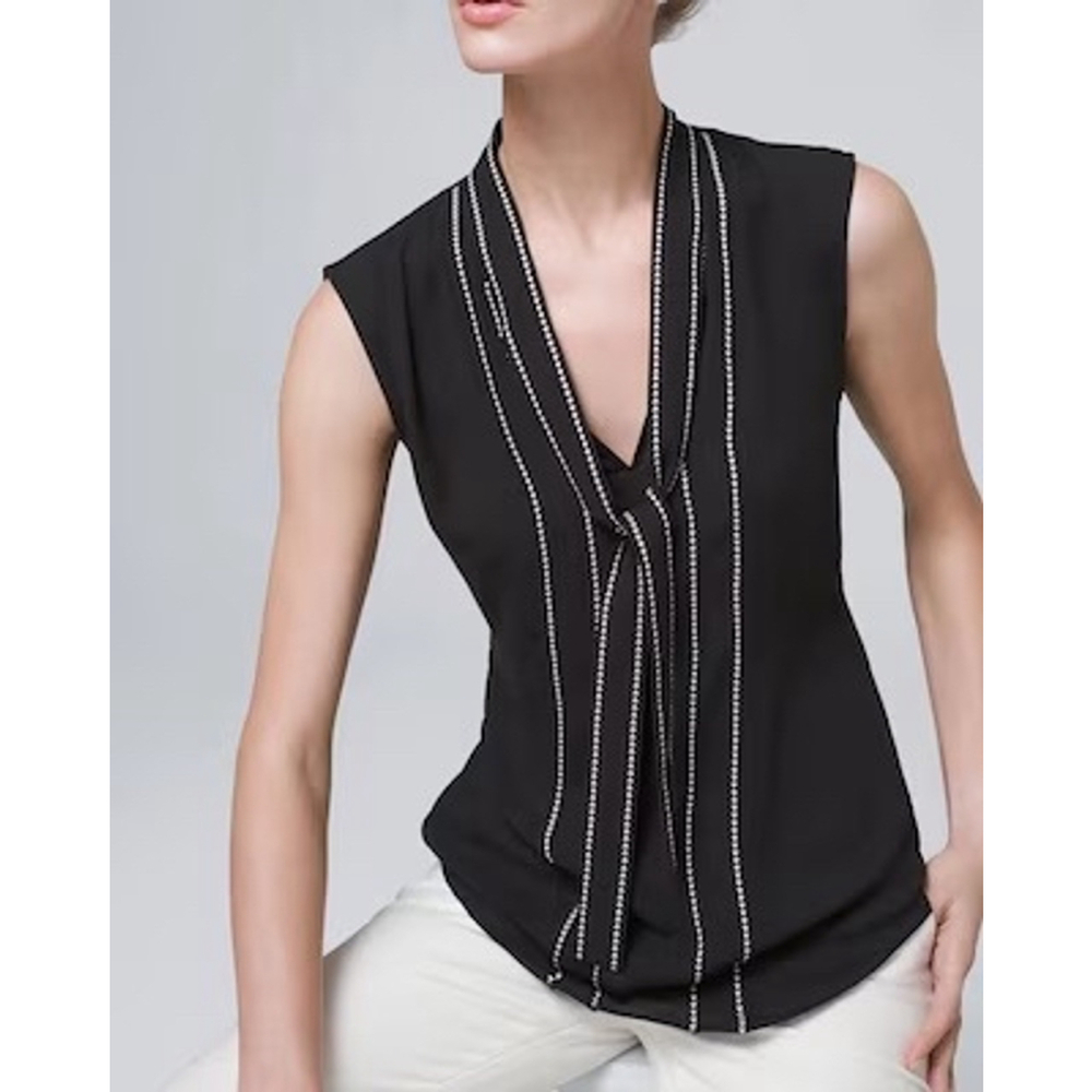 White House Black Market Contrast Stitch Bow Shell size 4P Black Sleeveless